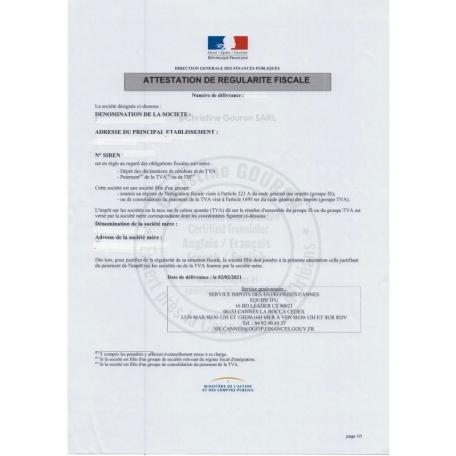 Traduction attestation de régularité fiscale